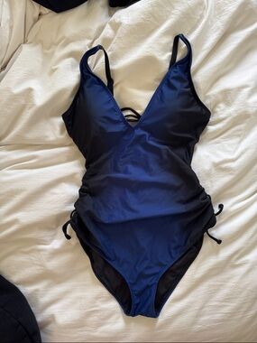 Navy Blue One-Piece Swimsuit with V-Neck